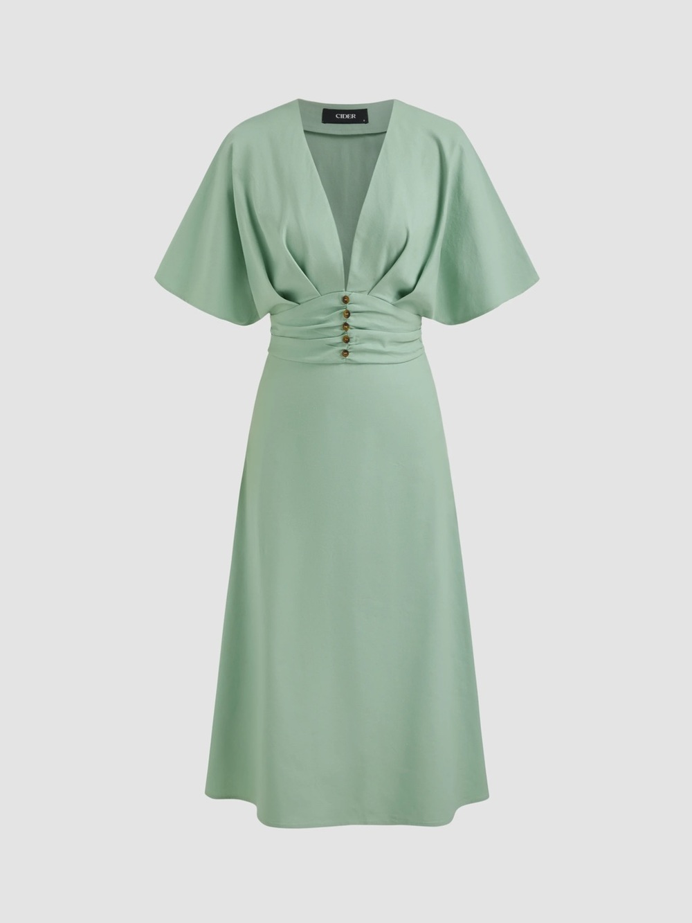 Cider Mint Green V-Neck Midi Dress with Ruched Button Waist